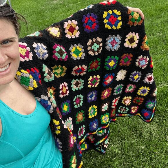 Handmade Crochet Afghan Granny Square Blanket Black Rainbow Edge Retro Boho Thro - Picture 3 of 13